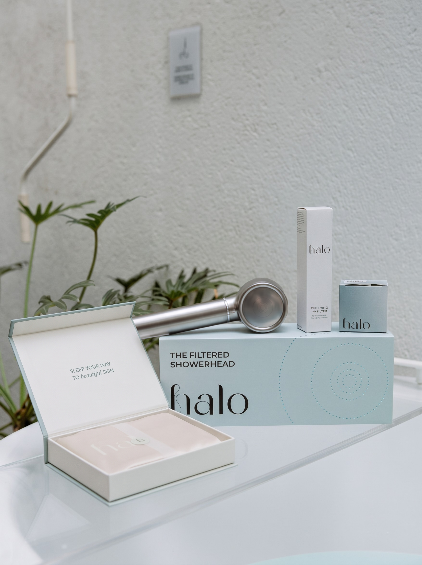 Summer Reset Bundle — Brushed Chrome showerhead, filter pair, and Champagne bamboo pillowcase
